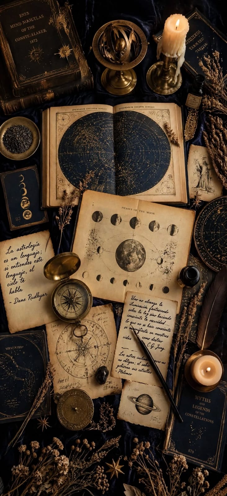Libros astronómicos antiguos, mapas de constelaciones, fases lunares y velas