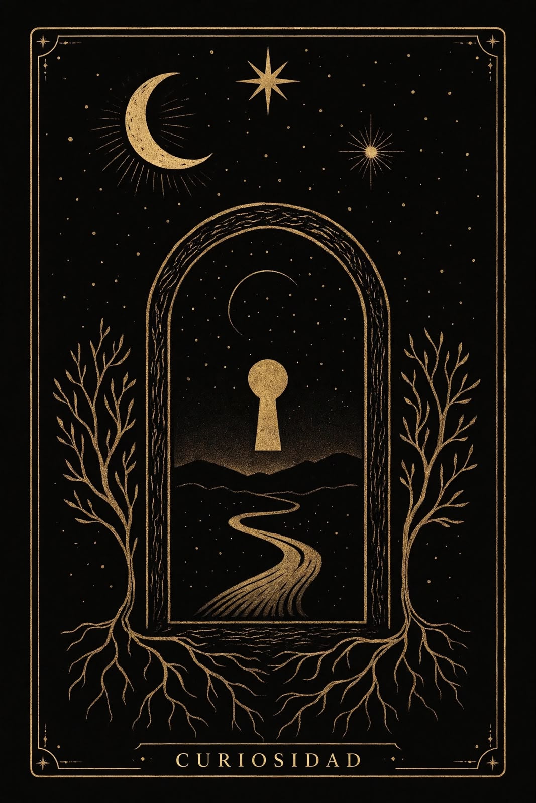 Ilustración de portal con cerradura dorada: Curiosidad