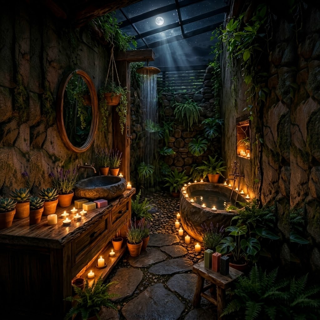 Baño botánico rústico de piedra con ducha, tina y velas encendidas