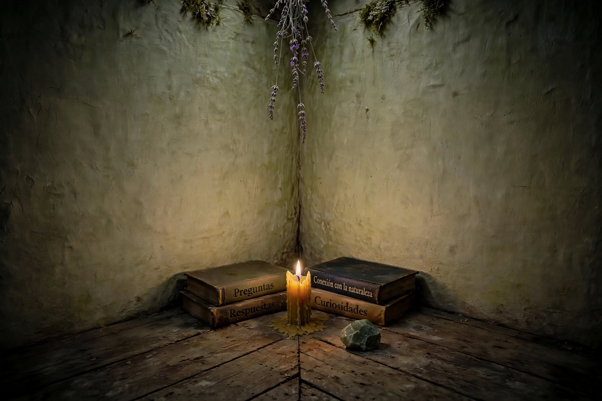 Rincón en penumbra con vela encendida, lavanda y libros